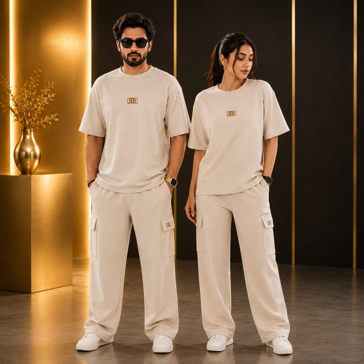 Unisex Drop-Shoulder T-Shirt – Oatmeal with Center Logo