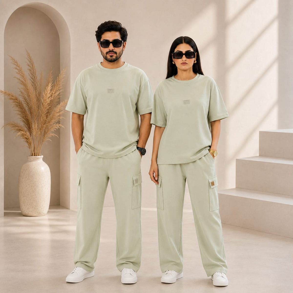 Unisex Drop-Shoulder T-Shirt – Sage Green with Center Logo