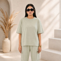 Unisex Drop-Shoulder T-Shirt – Sage Green with Center Logo