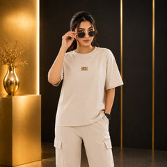 Unisex Drop-Shoulder T-Shirt – Oatmeal with Center Logo