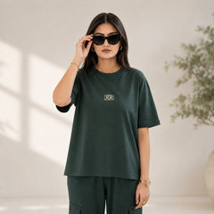 Unisex Drop-Shoulder T-Shirt – Forest Green with Center Logo