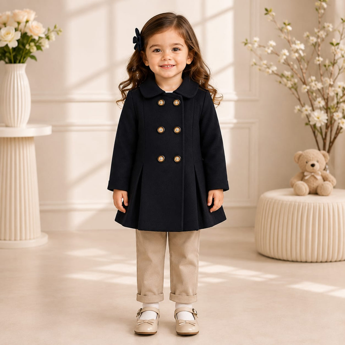 Black Wastern Style Button Kids Fleece Coat