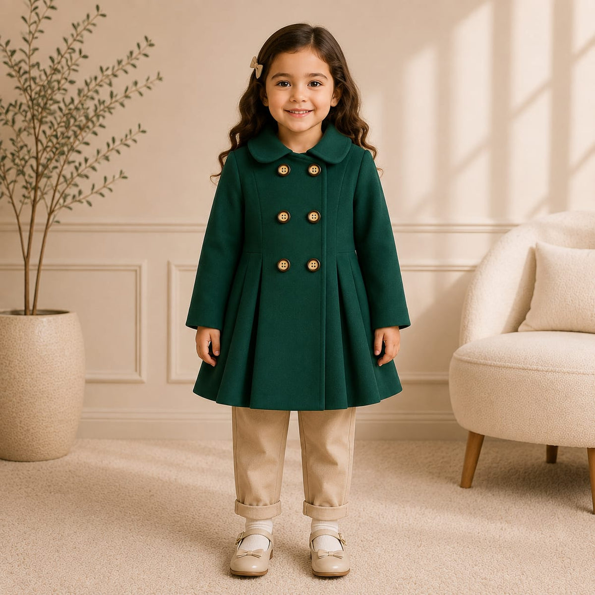 Green Wastern Style Button Kids Fleece Coat