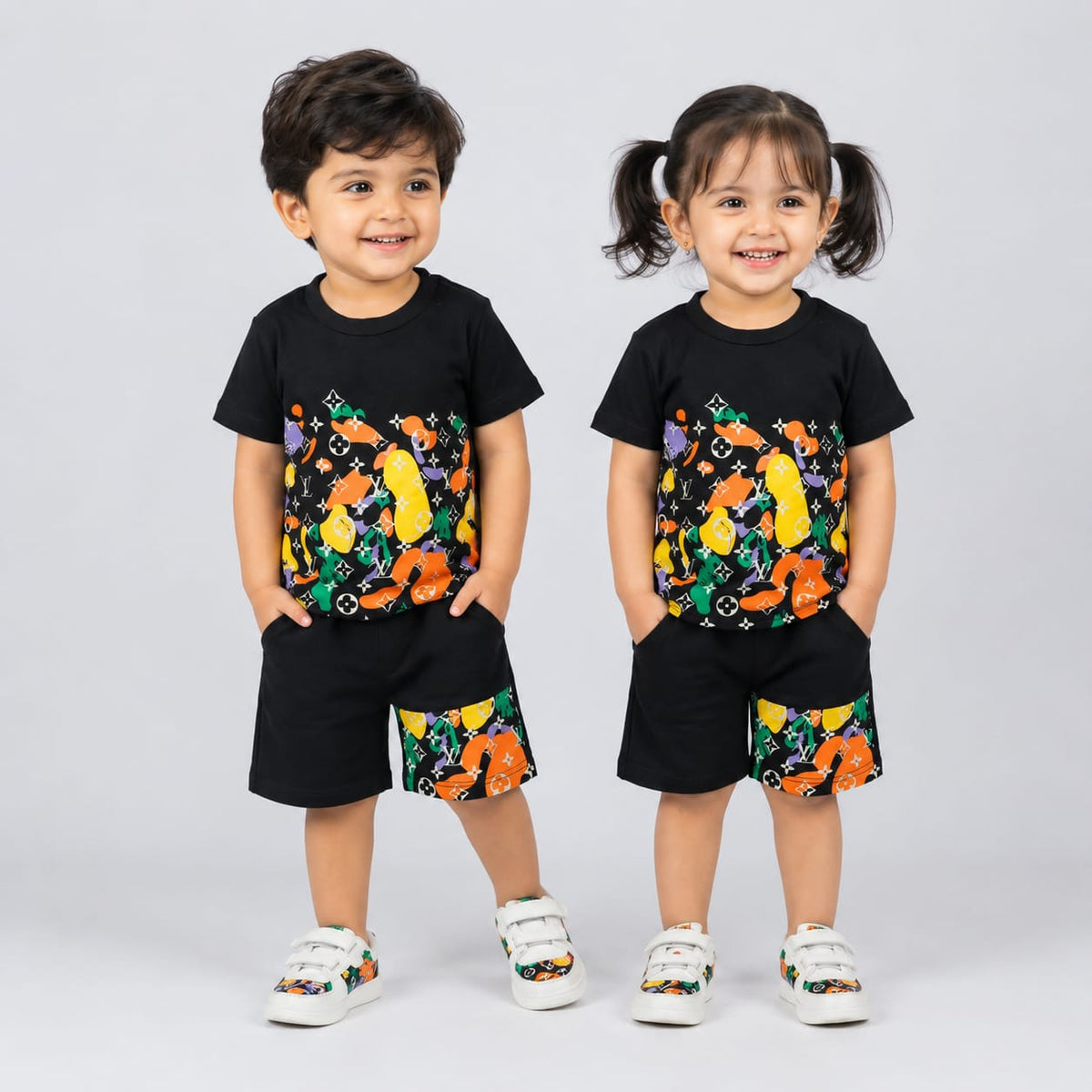 Kids’ Black Printed 2-Piece T-Shirt & Shorts Set