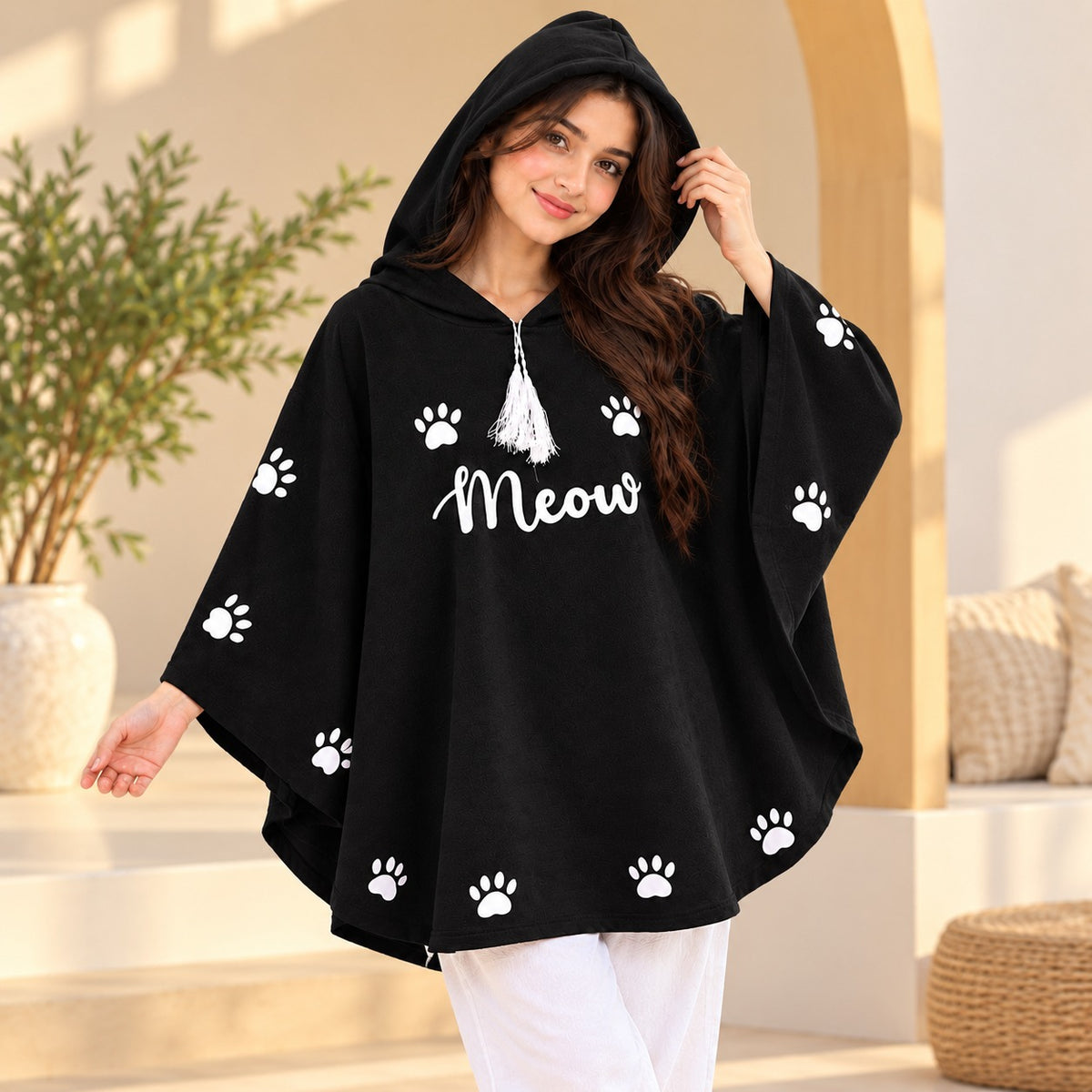 Women’s Black Meow Printed Hooded Poncho Top with White Trouser