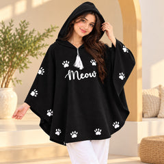 Women’s Black Meow Printed Hooded Poncho Top with White Trouser