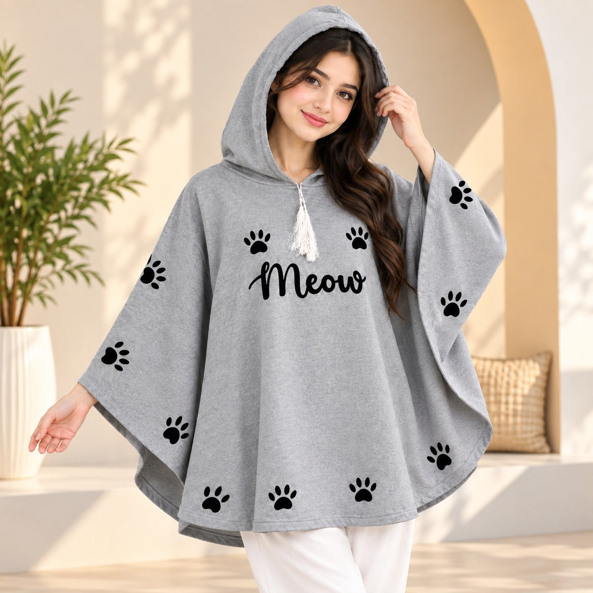 Grey Meow Paw Print  – Oversized Casual Wear for Women