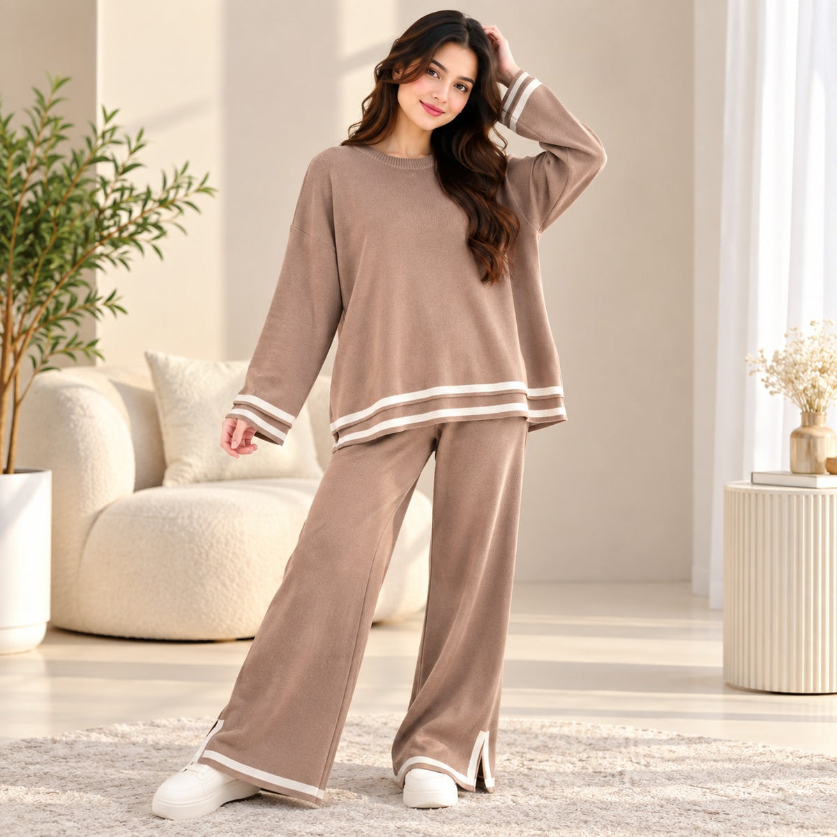 Hot Mocha Beige Stripe Detail 2-Piece Co-Ord Set for Women