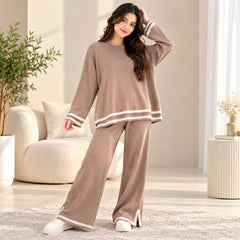 Hot Mocha Beige Stripe Detail 2-Piece Co-Ord Set for Women