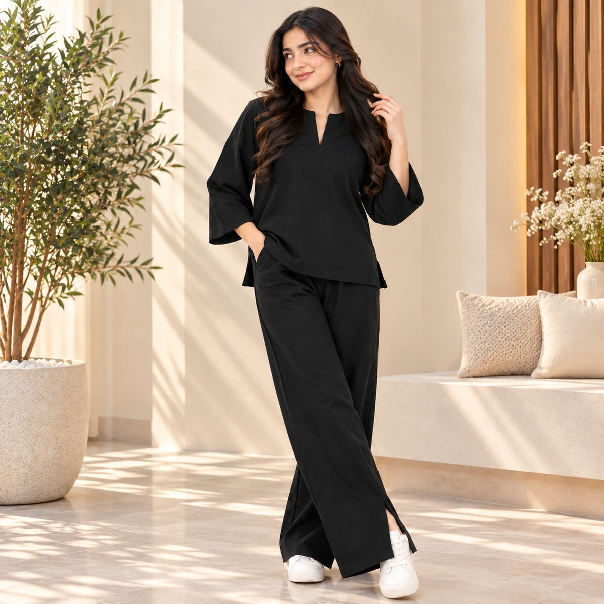 Black Flared Sleeve Co-Ord Set for Women