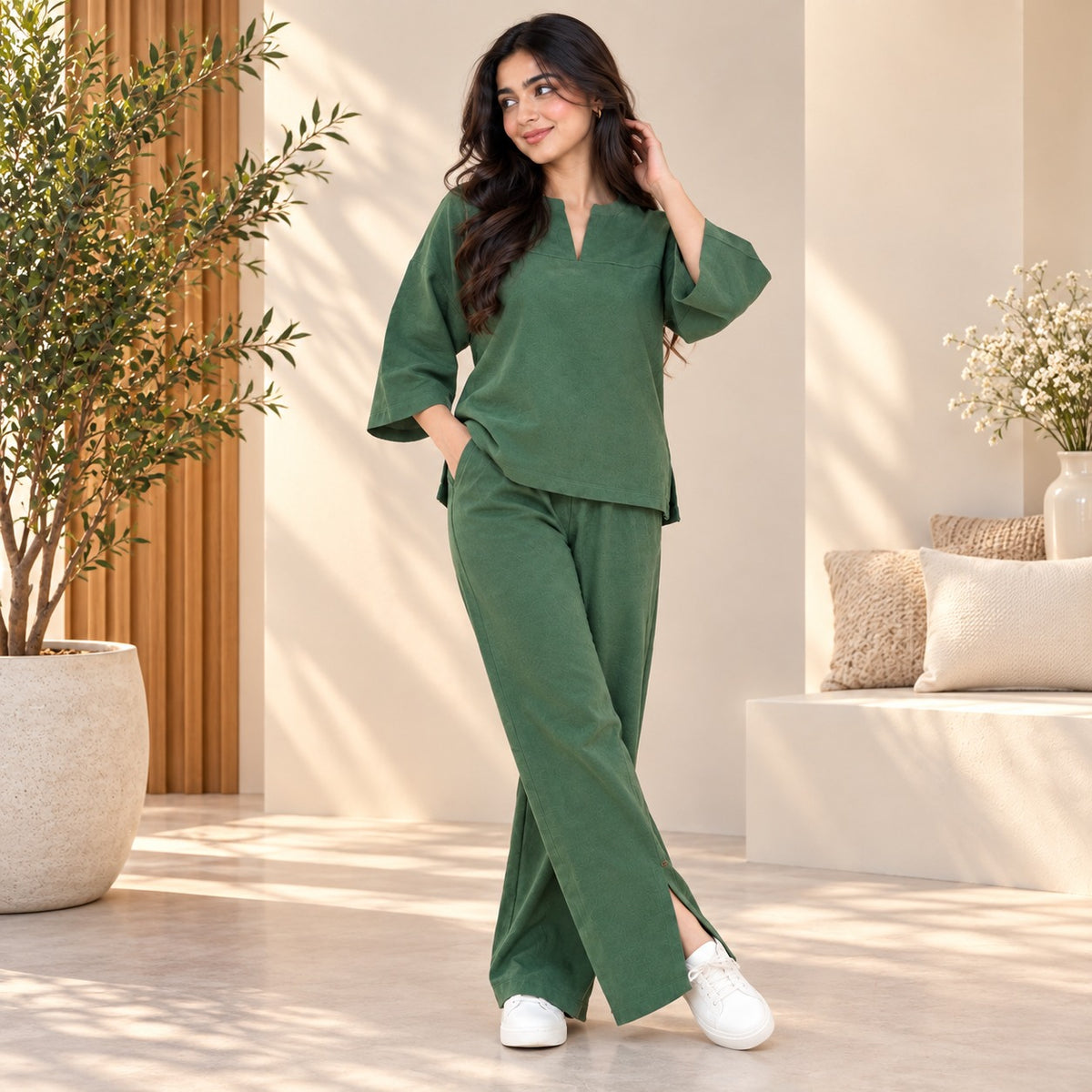Sage Green Flared Sleeve Co-Ord Set for Women
