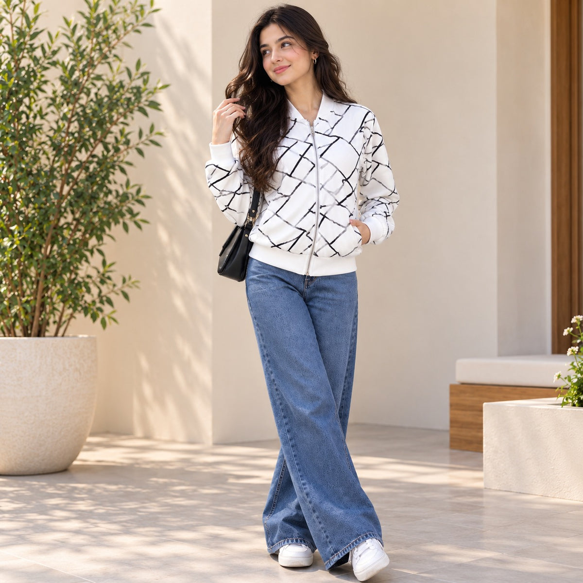 White Abstract Print Women Bomber Jacket