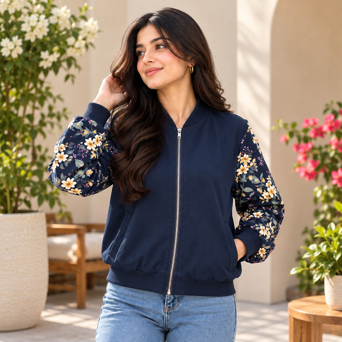 Navy Blue Floral Sleeve Print Women Bomber Jacket
