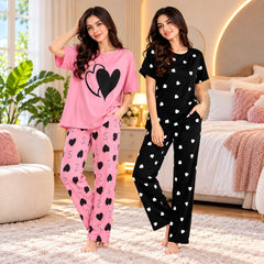 Pink Heart & Black Floral Women’s Printed Suits Set ( Pack Of Two )