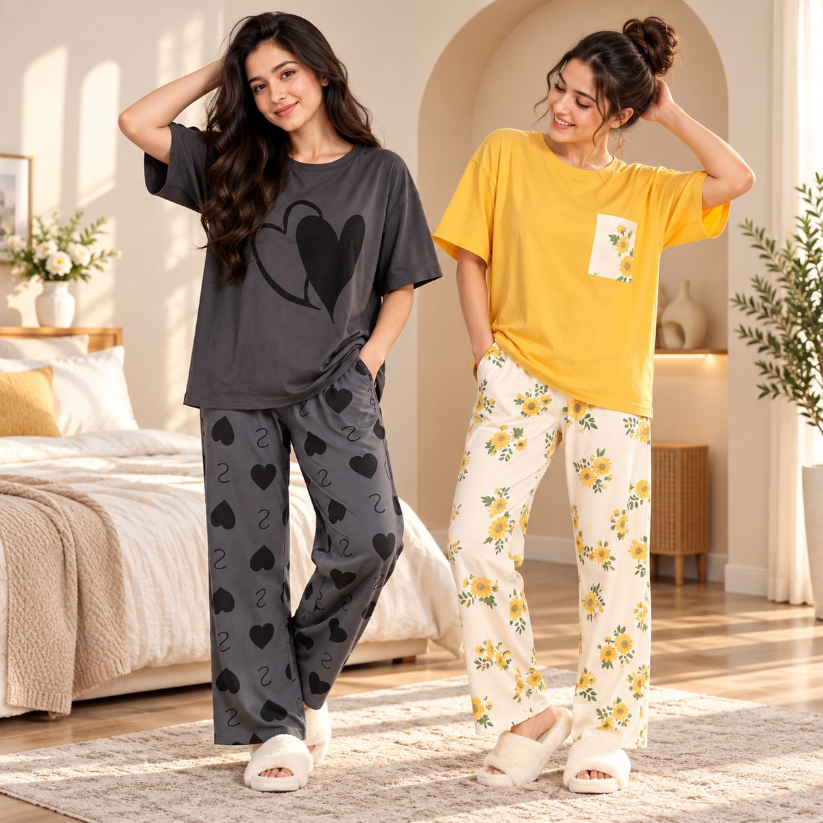 Women Heart & Sunflower Designs Print Suit Set ( Pack of Two )