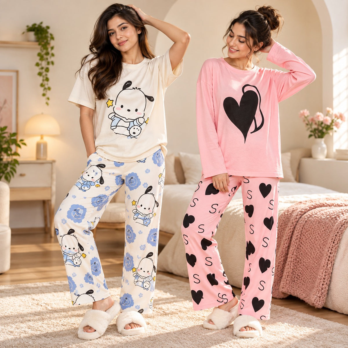 Women Cartoon Print & Sunflower Designs Print Suit Set ( Pack of Two )