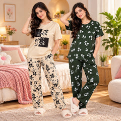 Women Dark Green Floral & Beige Graphic Print Suit Set ( Pack of Two )