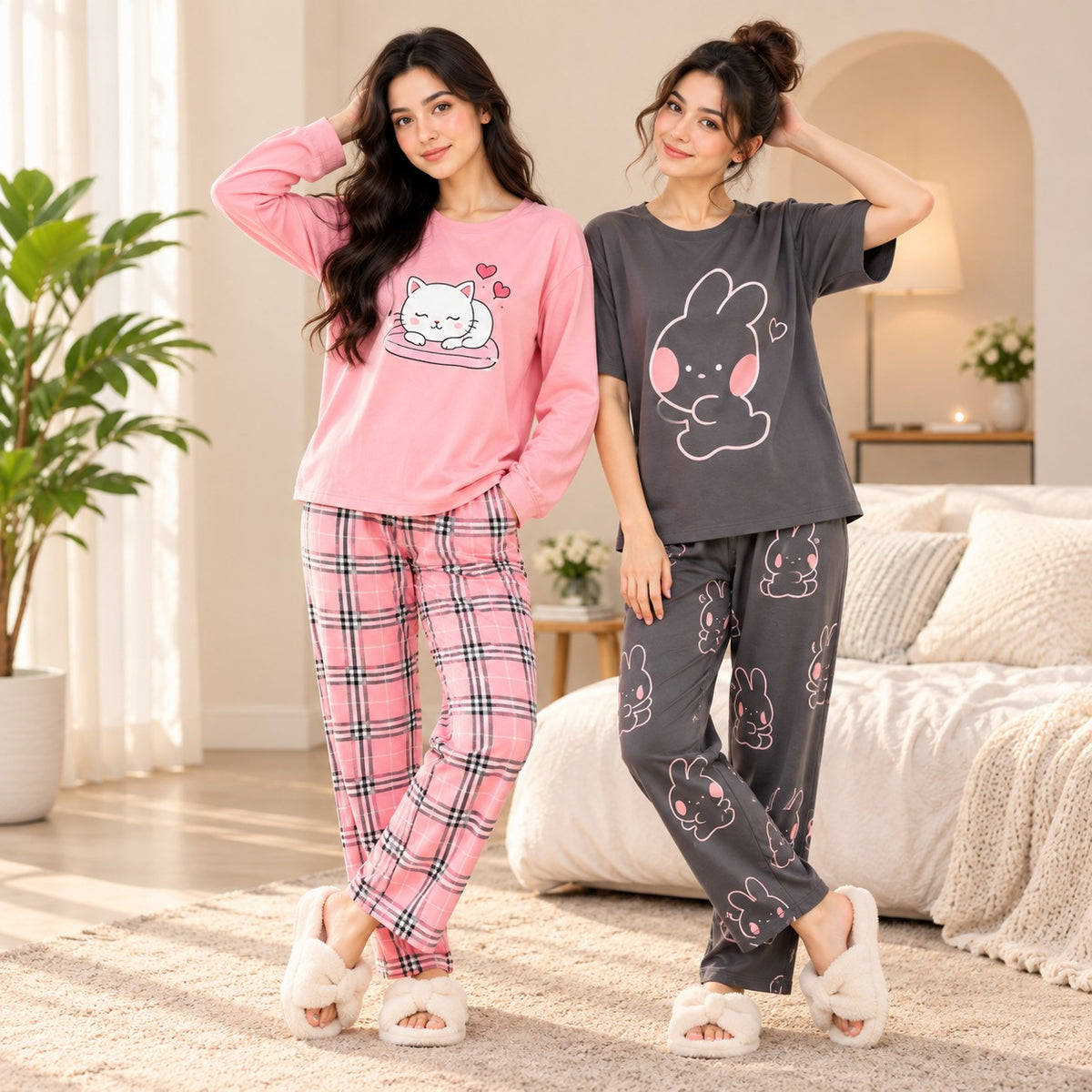 Women Pink Cat & Charcoal Bunny Printed  Suit Set ( Pack of Two )