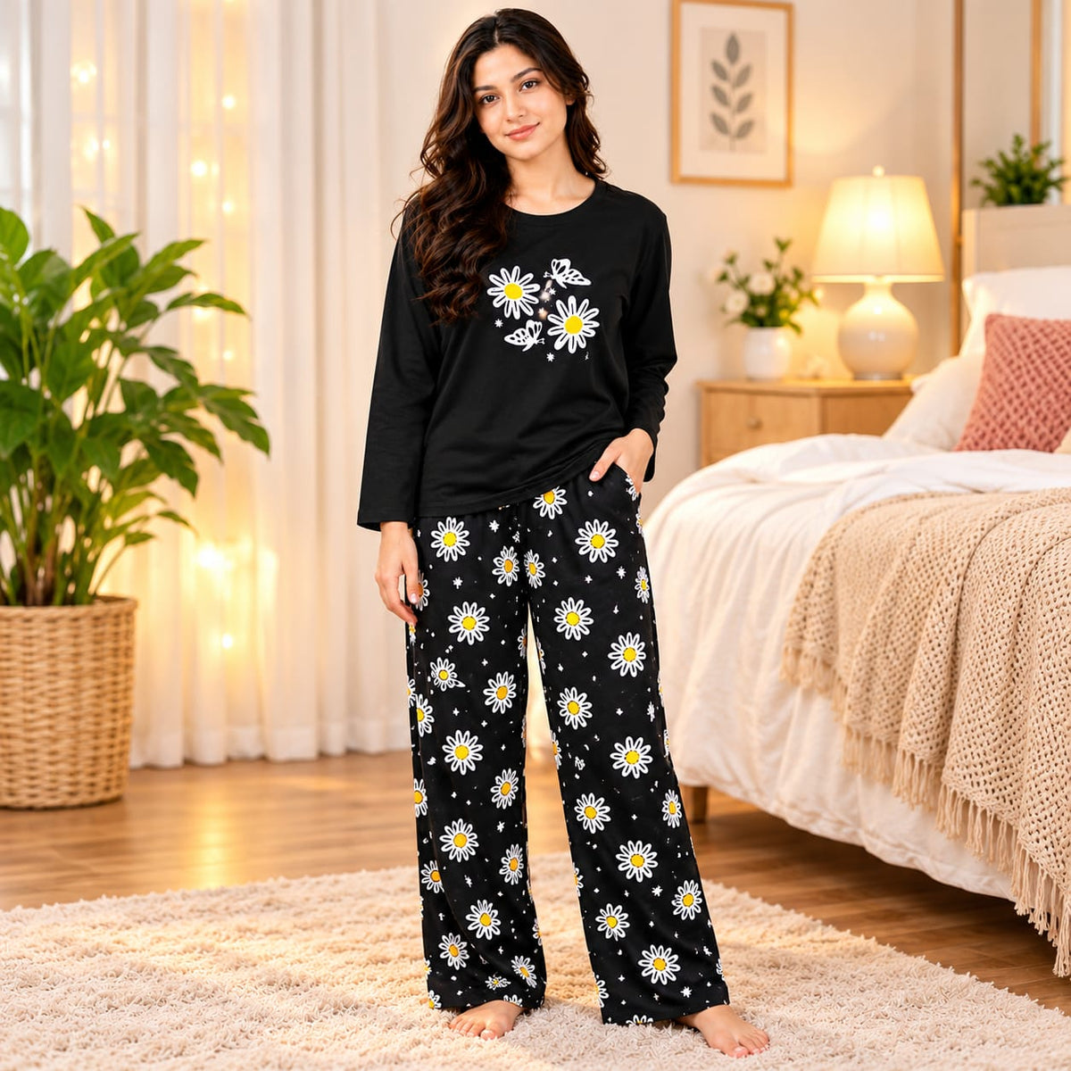 black daisy full sleeves Print Women's Night Suit – Cotton Sleepwear Set