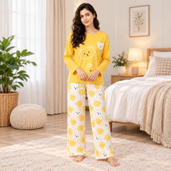 yellow 3 bear full sleeves Print Women's Night Suit – Cotton Sleepwear Set
