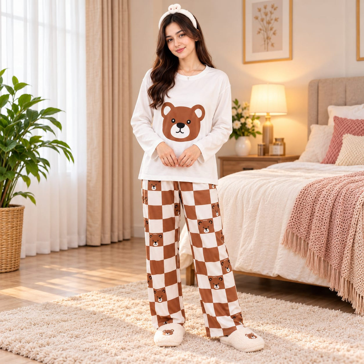 handsome bear full sleeves Print Women's Night Suit – Cotton Sleepwear Set