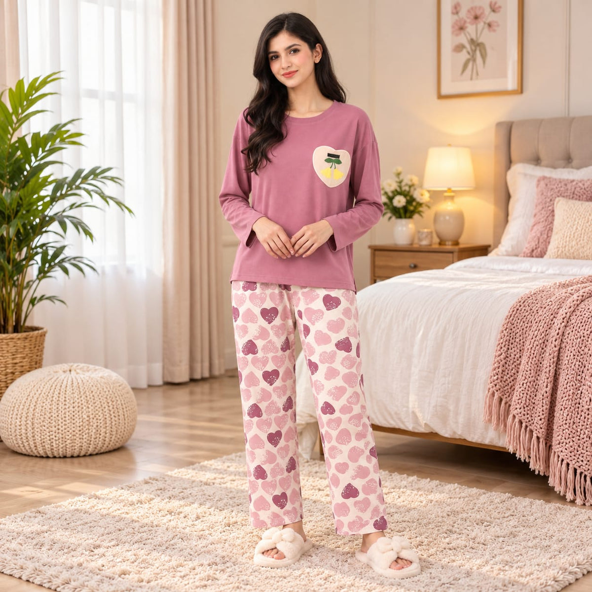 pink heart design night suit premium fabric for girls and woman