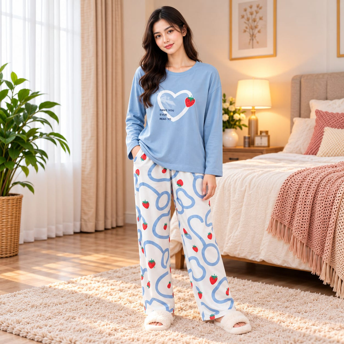 BLUE HEART DESIGN NIGHT DRESS IN COTTON FABRIC