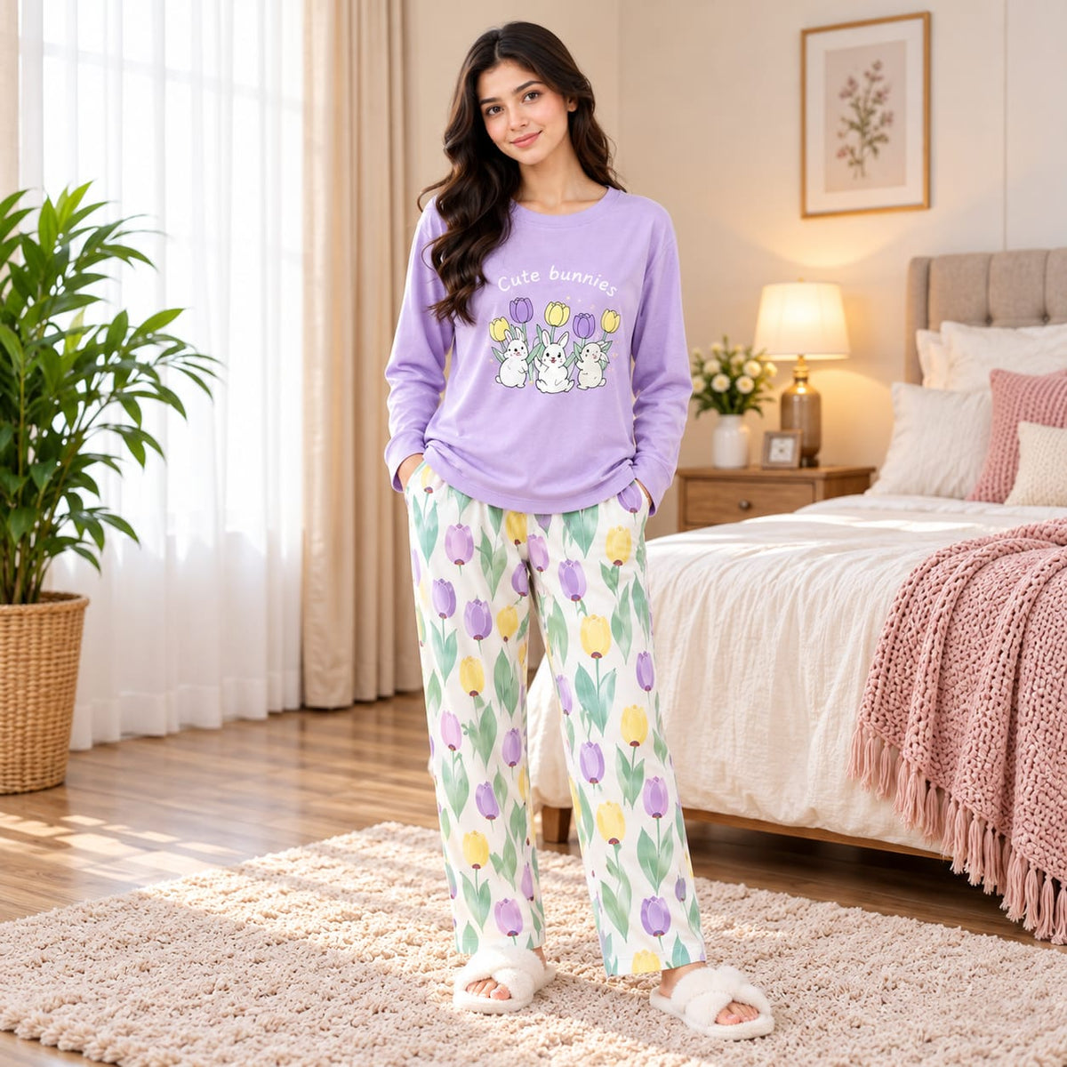 cute bunnies Print Women's Night Suit – Cotton Sleepwear Set