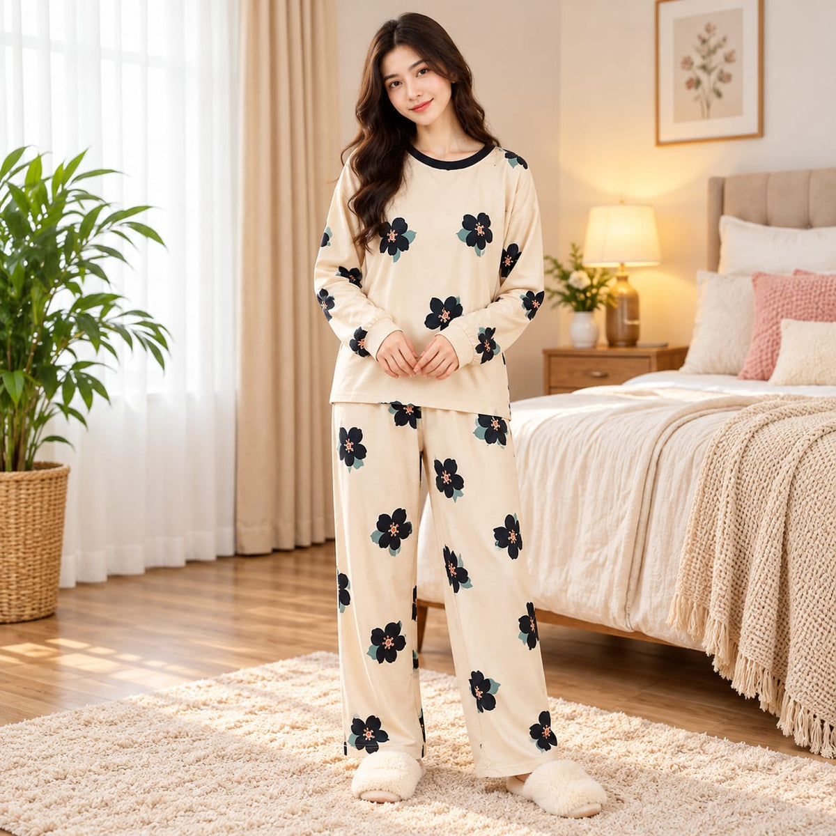 cream flower full sleeves Print Women's Night Suit – Cotton Sleepwear Set