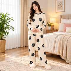 cream flower full sleeves Print Women's Night Suit – Cotton Sleepwear Set