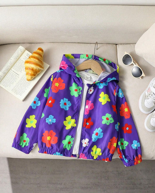 Baby/boy purple multi floral style printed winter fleece zip-up hoodie - #Z-0092