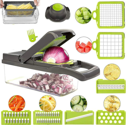 Vegetable Chopper, 16-in-1 Multifunctional Food Chopper, 8 Blades Vegetable Slicer, Onion Chopper Vegetable Cutter & Adjustable Veggie Slicer, Potato Dicer Chopper, Container for Salad Garlic | Grey