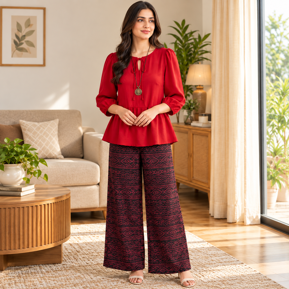 Red Printed Palazzo Co-Ord Set for Women