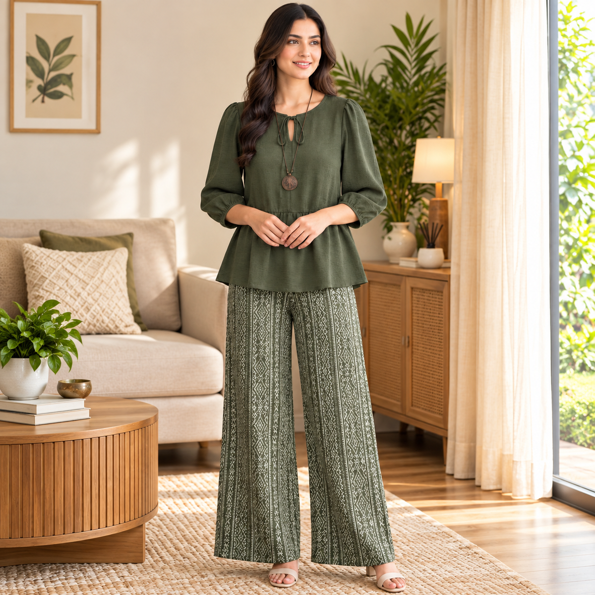 Olive Green Printed Palazzo Co-Ord Set for Women