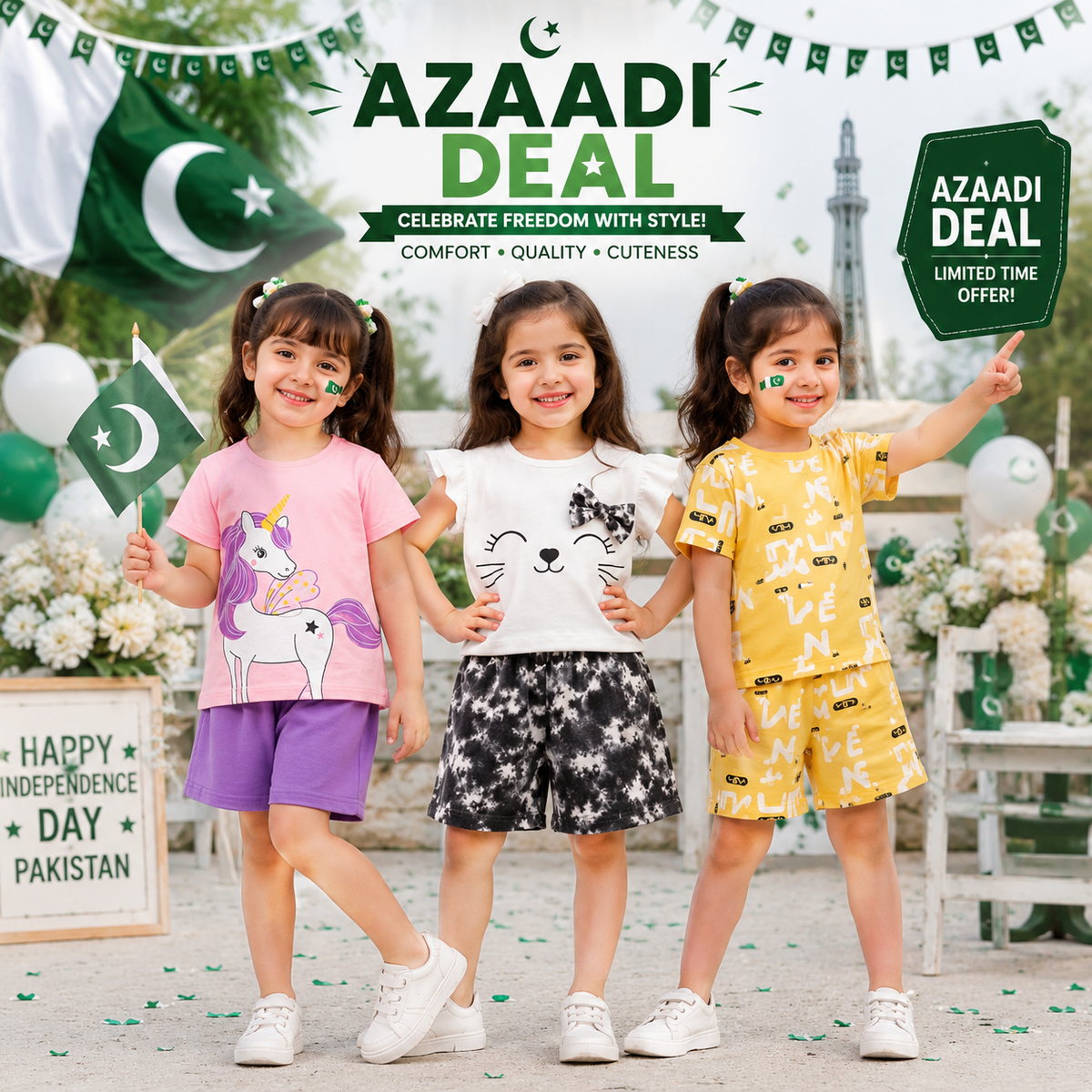 Unicorn, Kitty & Yellow Graphic Summer Outfits Girls Cotton Co-Ord Set Collection (Pack of 3) D3