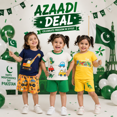 Navy Blue Crane Print & White Vehicle & Dino Print & Yellow Cartoon Print Cotton T-Shirt 0& Shorts Co-Ord Sets ( Pack of three ) D2