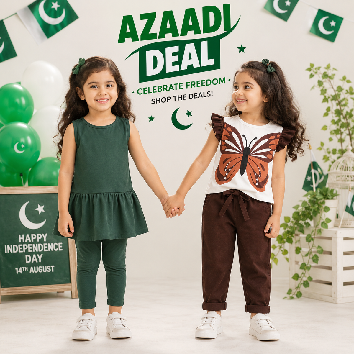 Dark Green Sleeveless Frock with Matching Leggings & Butterfly Printed T-Shirt with Brown Baggy Trousers ( Pack of two )