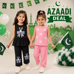 Black Bunny Bow Printed Girls Co-Ord Set & Pink Cross Printed Girls Co-Ord Set ( Pack of two )