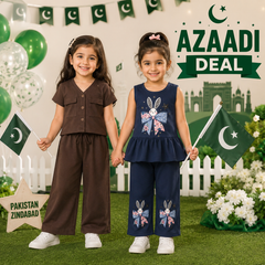 Brown Button-Front Co-Ord Set for Girls & Navy Bunny Print Peplum Co-Ord Set for Girls ( Pack of two )