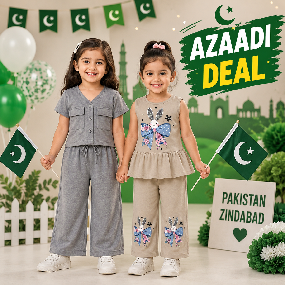Grey Button-Front Co-Ord Set for Girls & Beige Bunny Print Co-Ord Set for Girls ( Pack of two )