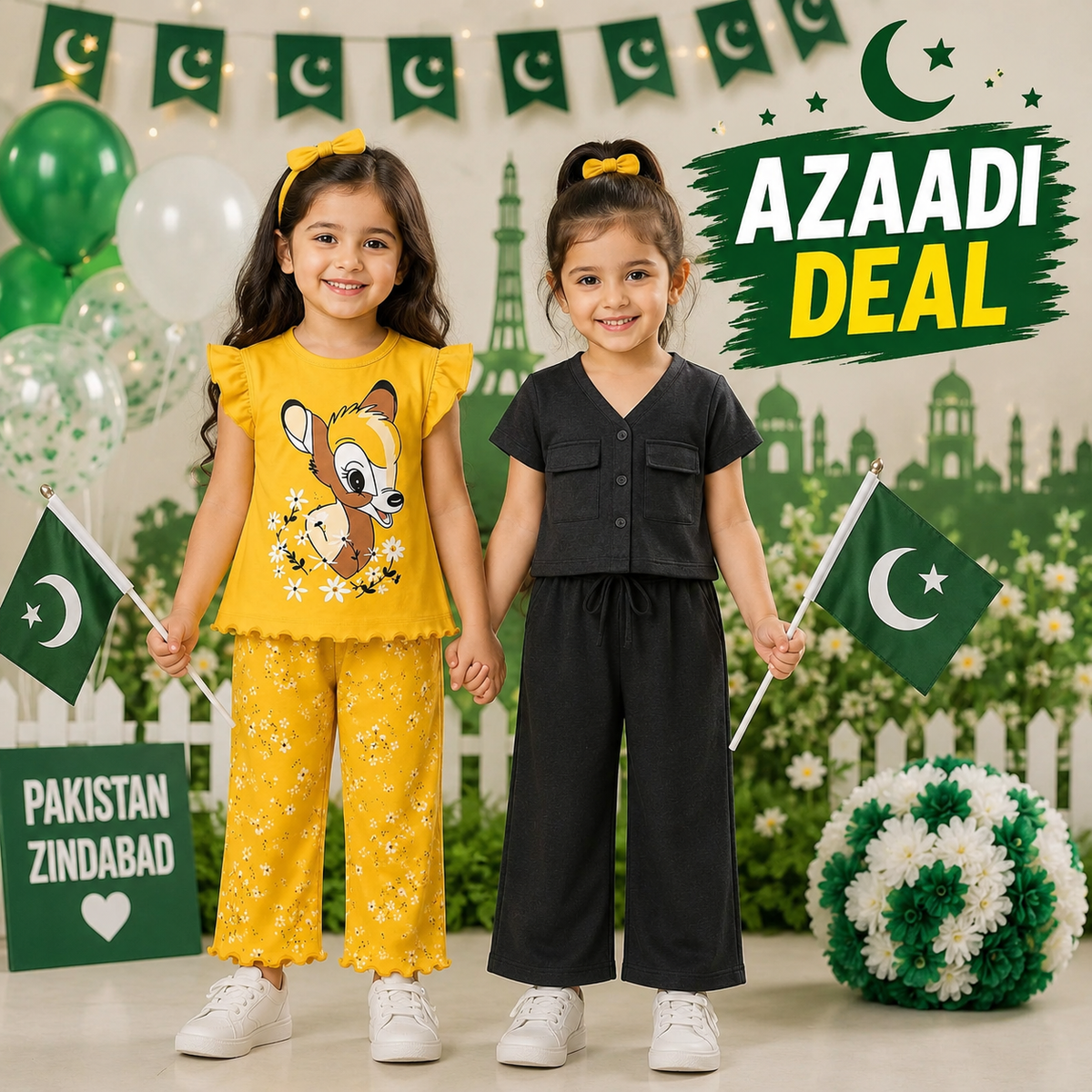 Yellow Deer Print Girls Co-Ord Set & Black Button-Front Girls Co-Ord Set ( Pack of two )