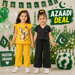 Yellow Deer Print Girls Co-Ord Set & Black Button-Front Girls Co-Ord Set ( Pack of two )