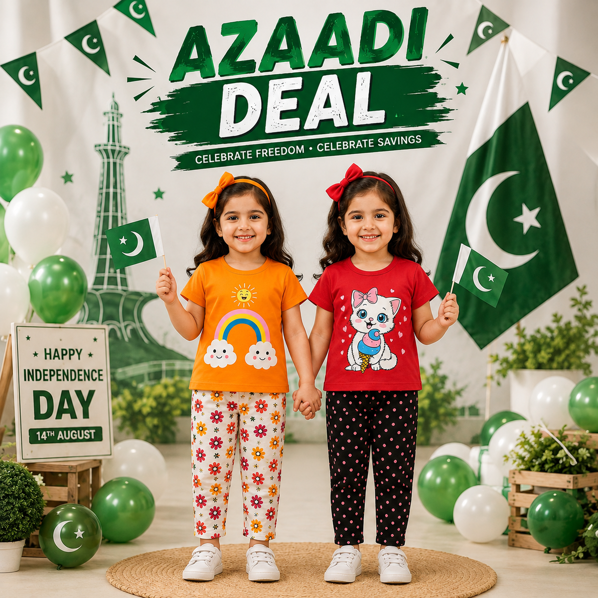 Red Cute Cat Printed T-Shirt with Polka Dot Trouser Set & Orange Rainbow Printed T-Shirt with Floral Trouser Set ( Pack of two )