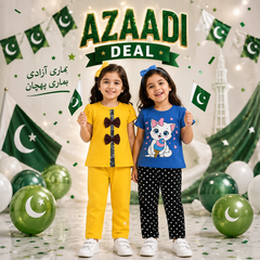 Yellow Bow Detail T-Shirt & Trouser Set & Blue Kitty Print T-Shirt & Polka Dot Trouser Set ( Pack of two )