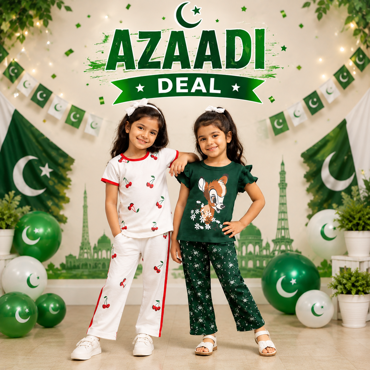 Cherry Print & Deer Floral Cotton Girls Co-Ord Set ( Pack of two )