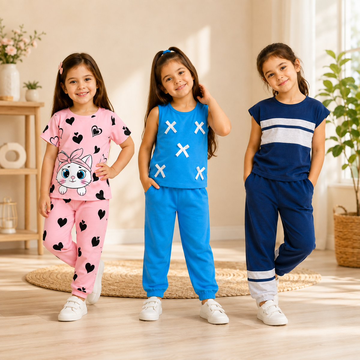 Pink Bunny Heart & Blue Cross Print & Navy Stripe Co-Ord Set (  Pack of Three )