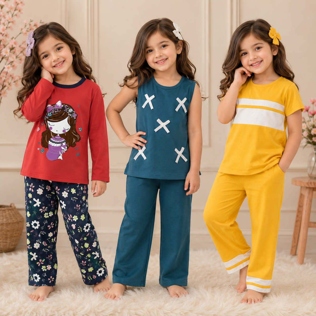 Red Full-Sleeve Printed T-Shirt & Teal Sleeveless Cross-Detail Top & Yellow Half-Sleeve Stripe T-Shirt with Matching Pants (  Pack of Three )