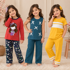 Red Full-Sleeve Printed T-Shirt & Teal Sleeveless Cross-Detail Top & Yellow Half-Sleeve Stripe T-Shirt with Matching Pants (  Pack of Three )