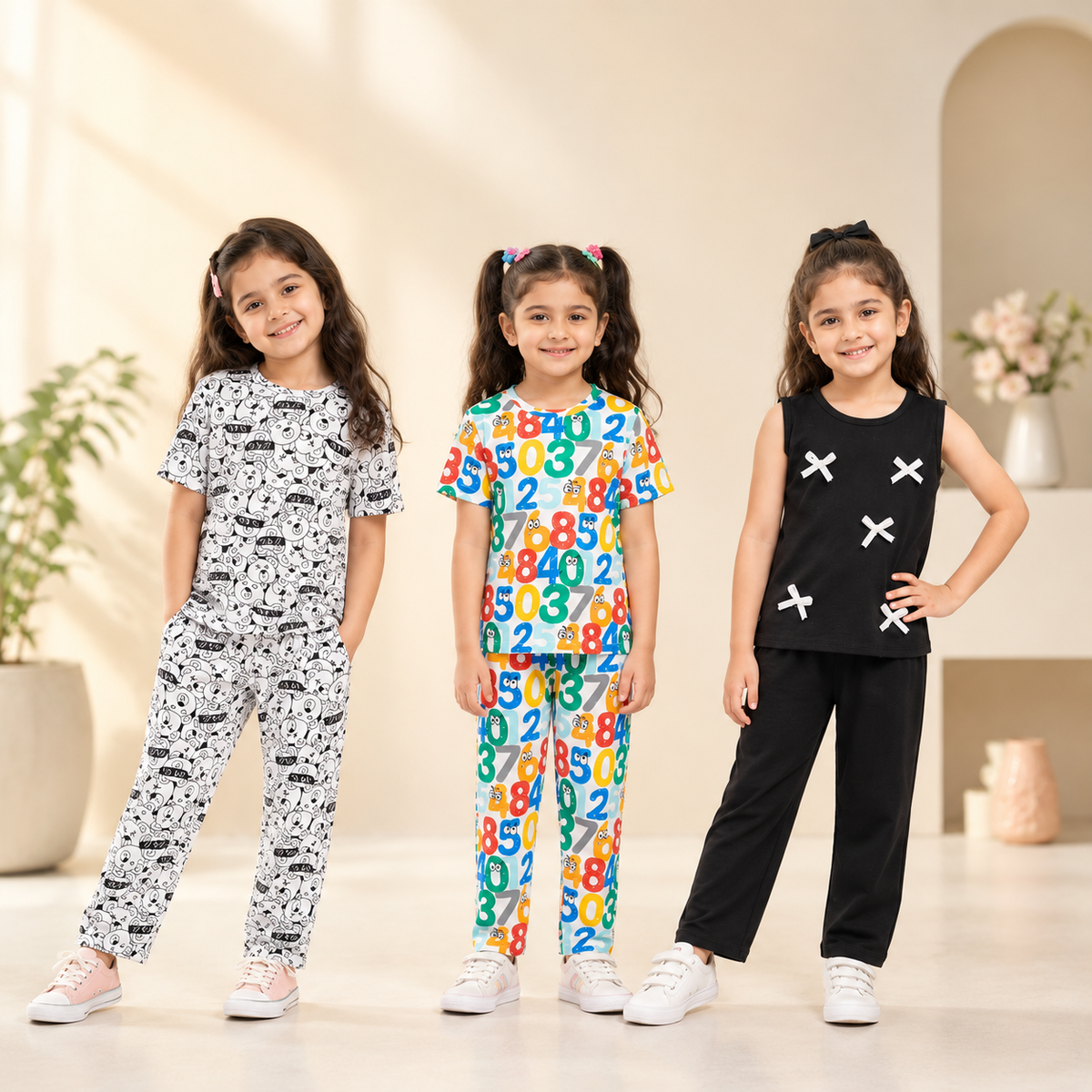 Cartoon Print T-Shirt & Trouser Set & Colorful Number Print T-Shirt & Trouser Set & Black Cross Detail Sleeveless Top & Trouser Set  (  Pack of Three )
