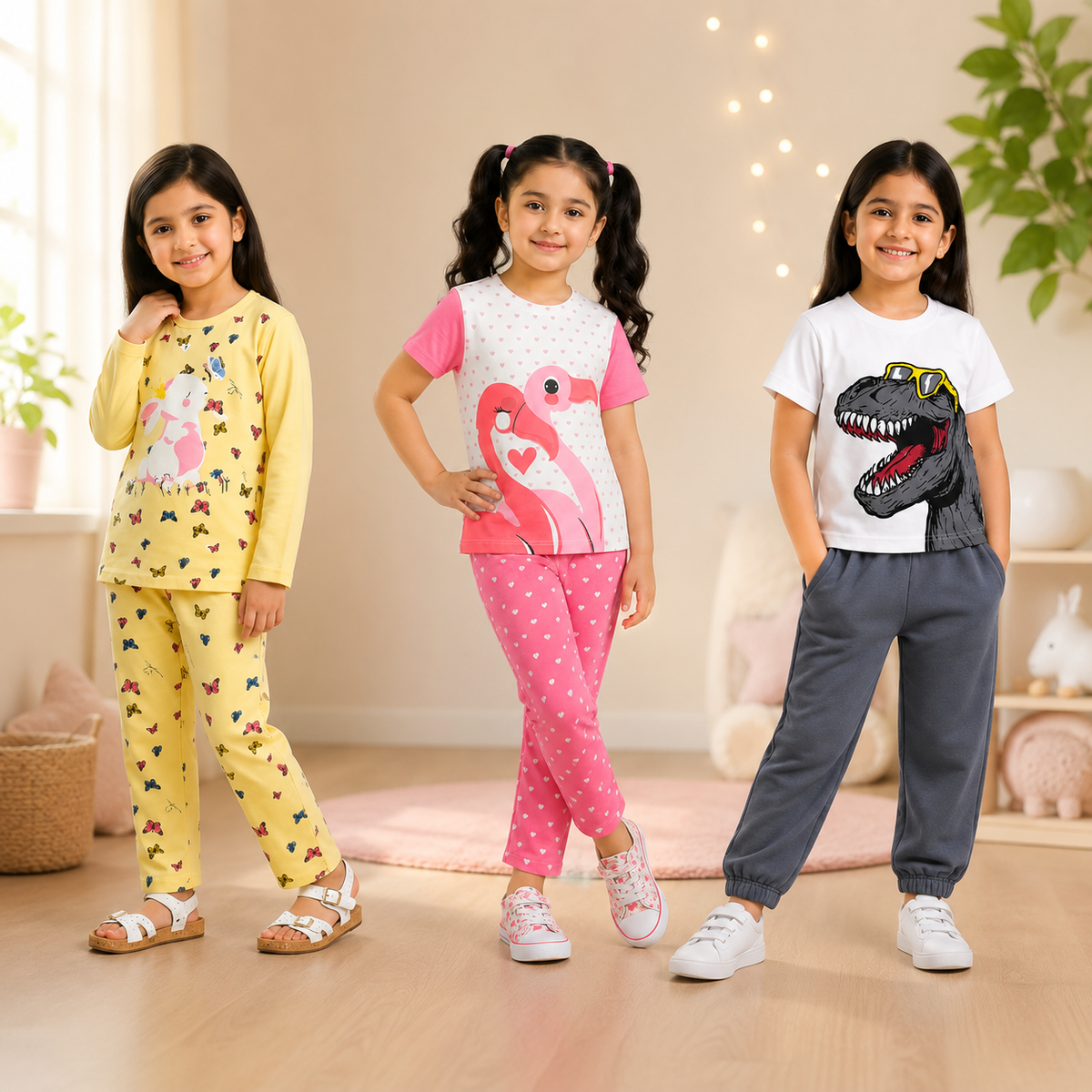 Yellow Butterfly Print Set & Pink Flamingo Print Set & White Dinosaur Graphic Set  (  Pack of Three )
